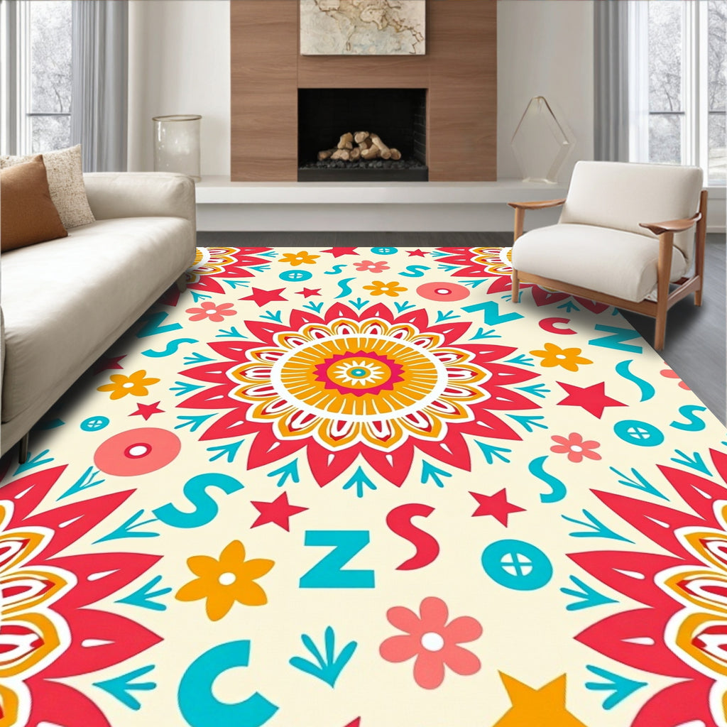 Colorful Floral Sunburst Mandala Elements Rug