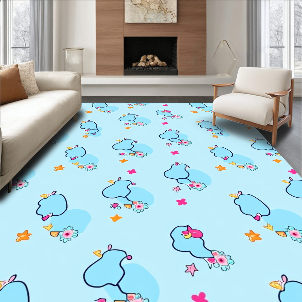 Whimsical Blue Bird Floral Stars Rug
