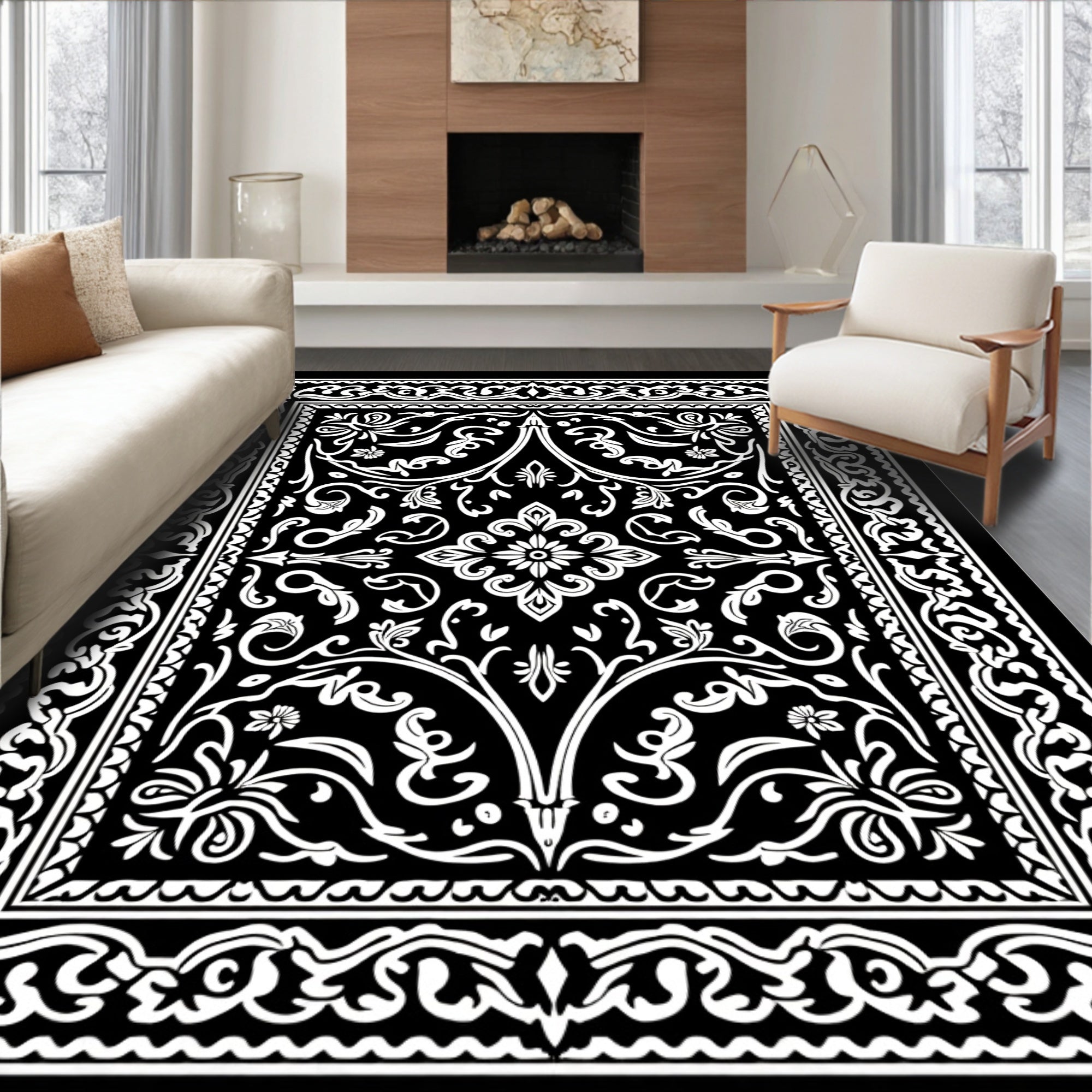 Black White Intricate Floral Scroll Rug