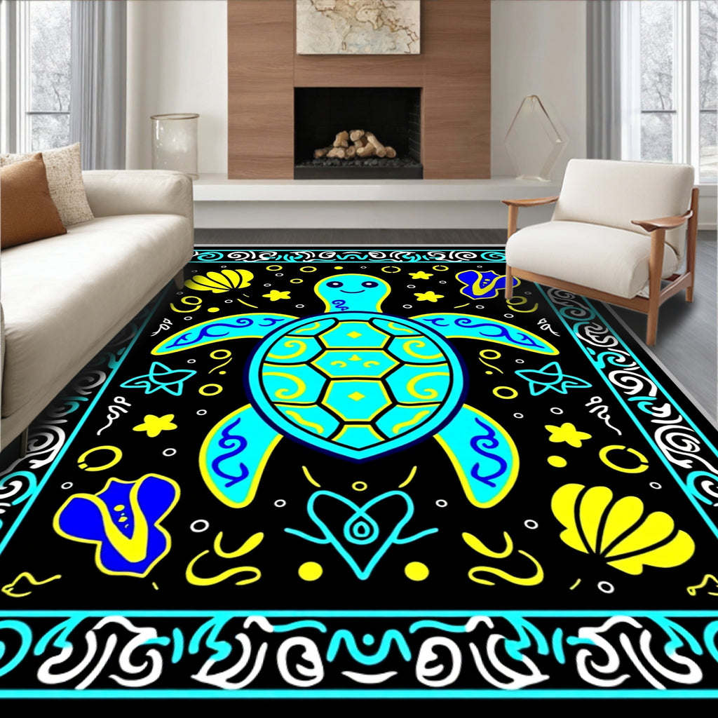 Whimsical Teal Turtle Marine Life Rug