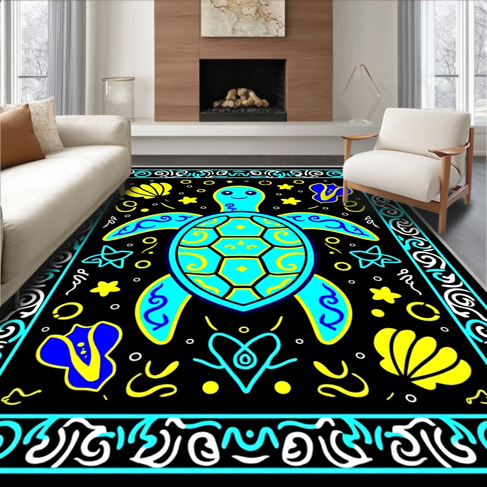 Whimsical Teal Turtle Marine Life Rug