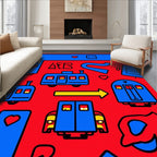 Blue and Red Toy Train Landscape Rug