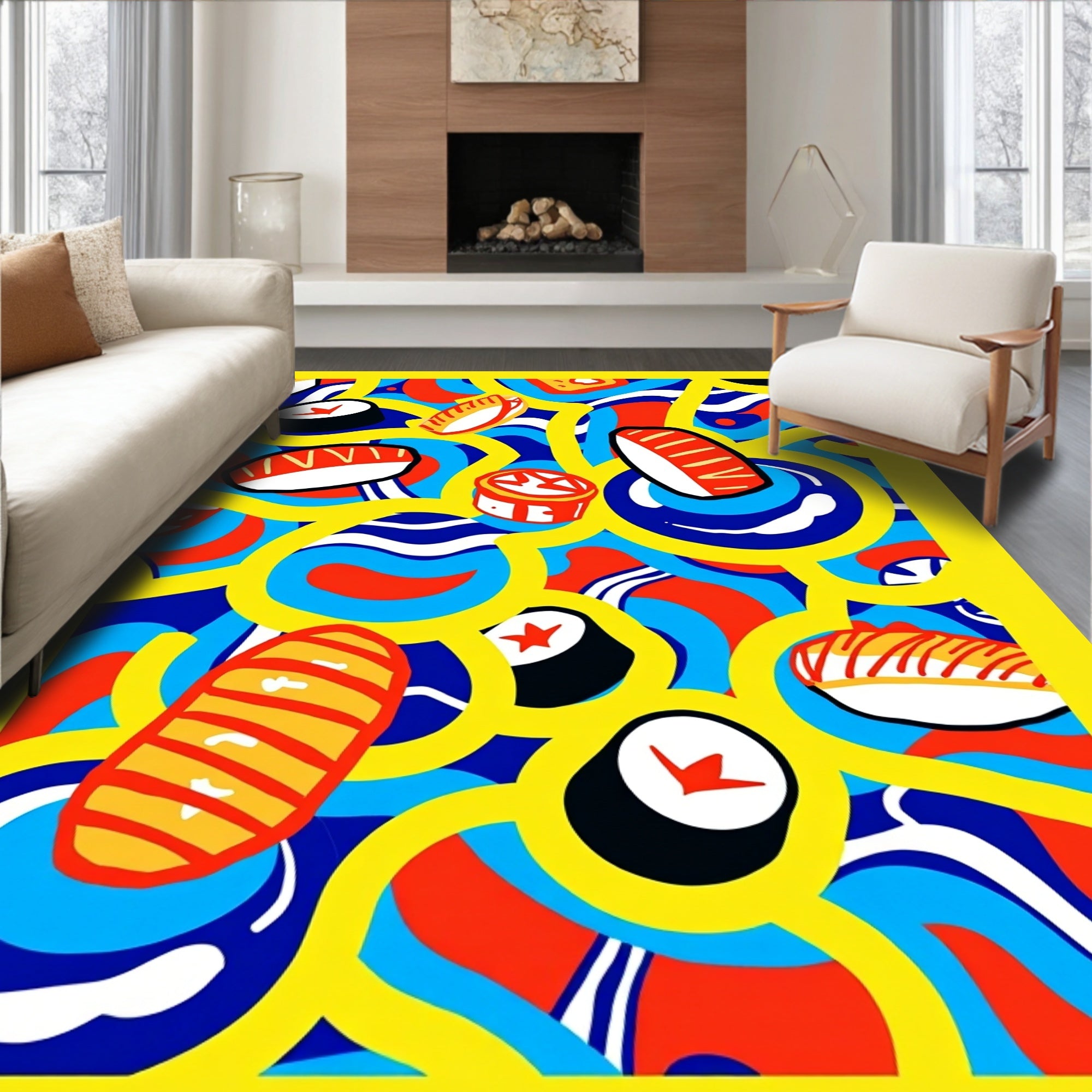 Vibrant Yellow Sushi Wave Collage Rug