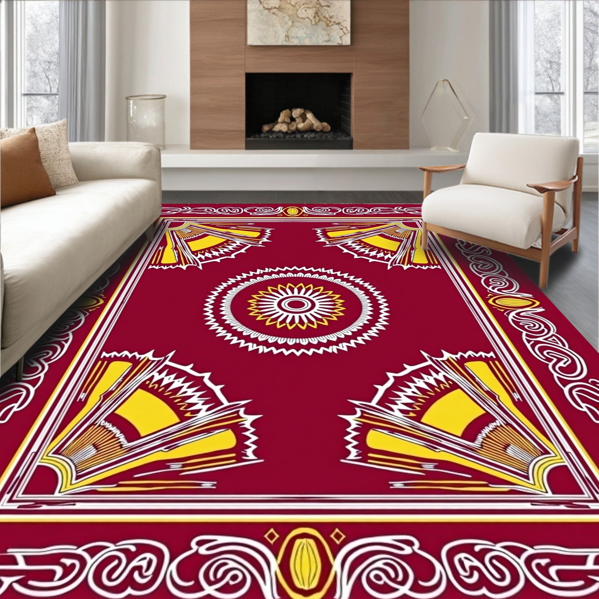 Crimson Yellow Sunburst Geometric Rug