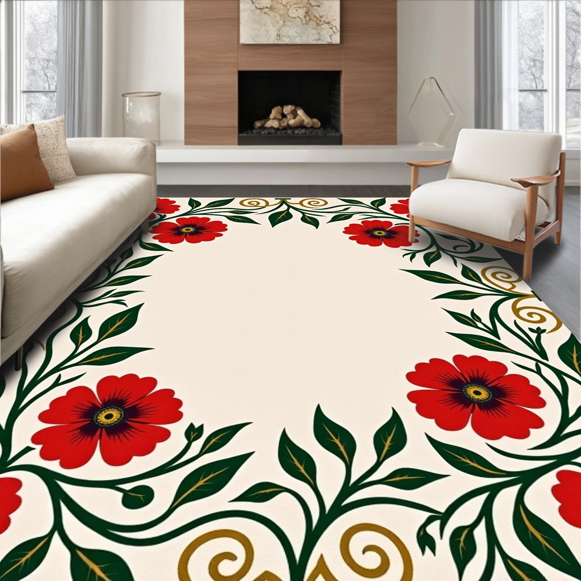 Vibrant Red Floral Scroll Border Rug