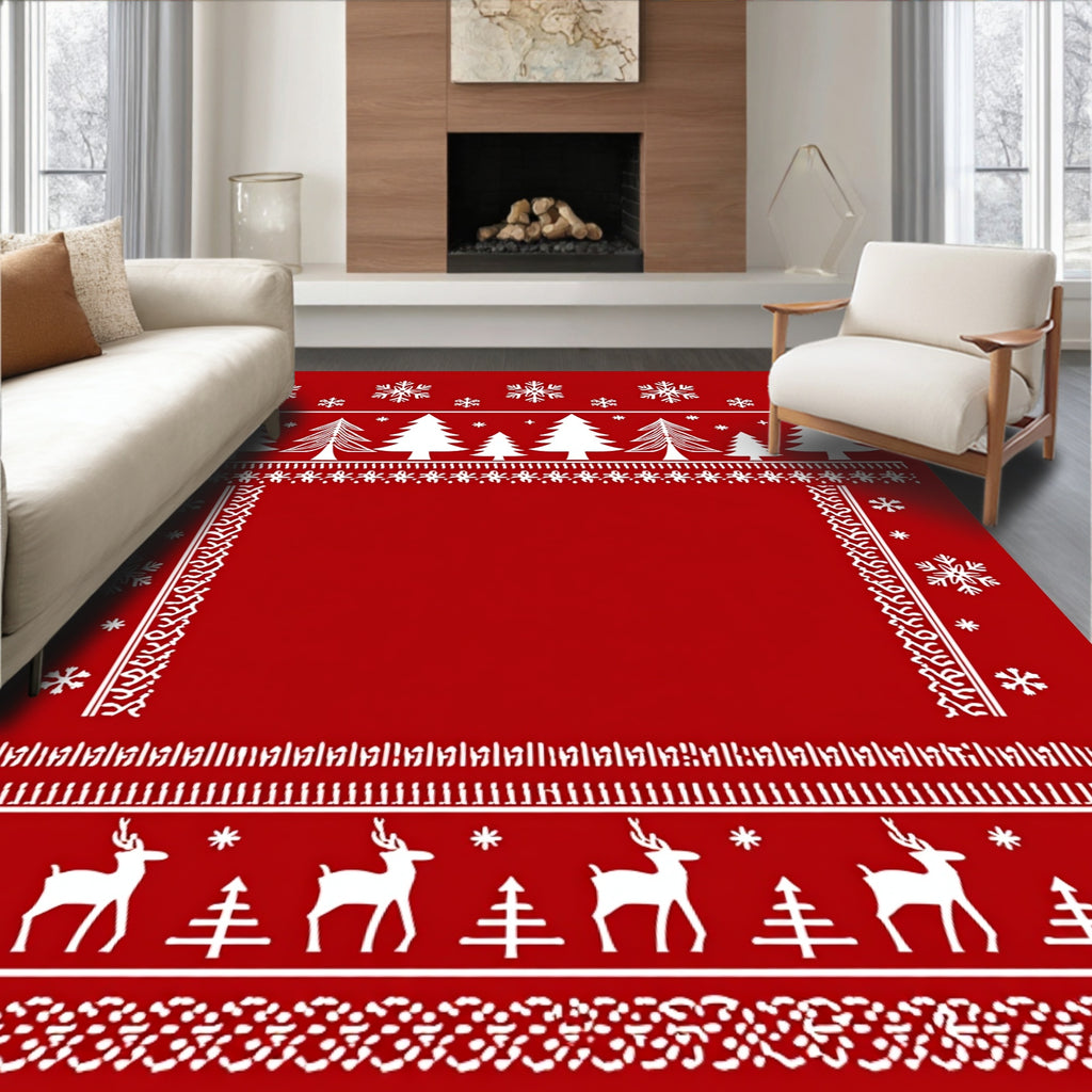 Winter Red Snowflake Tree Reindeer Rug