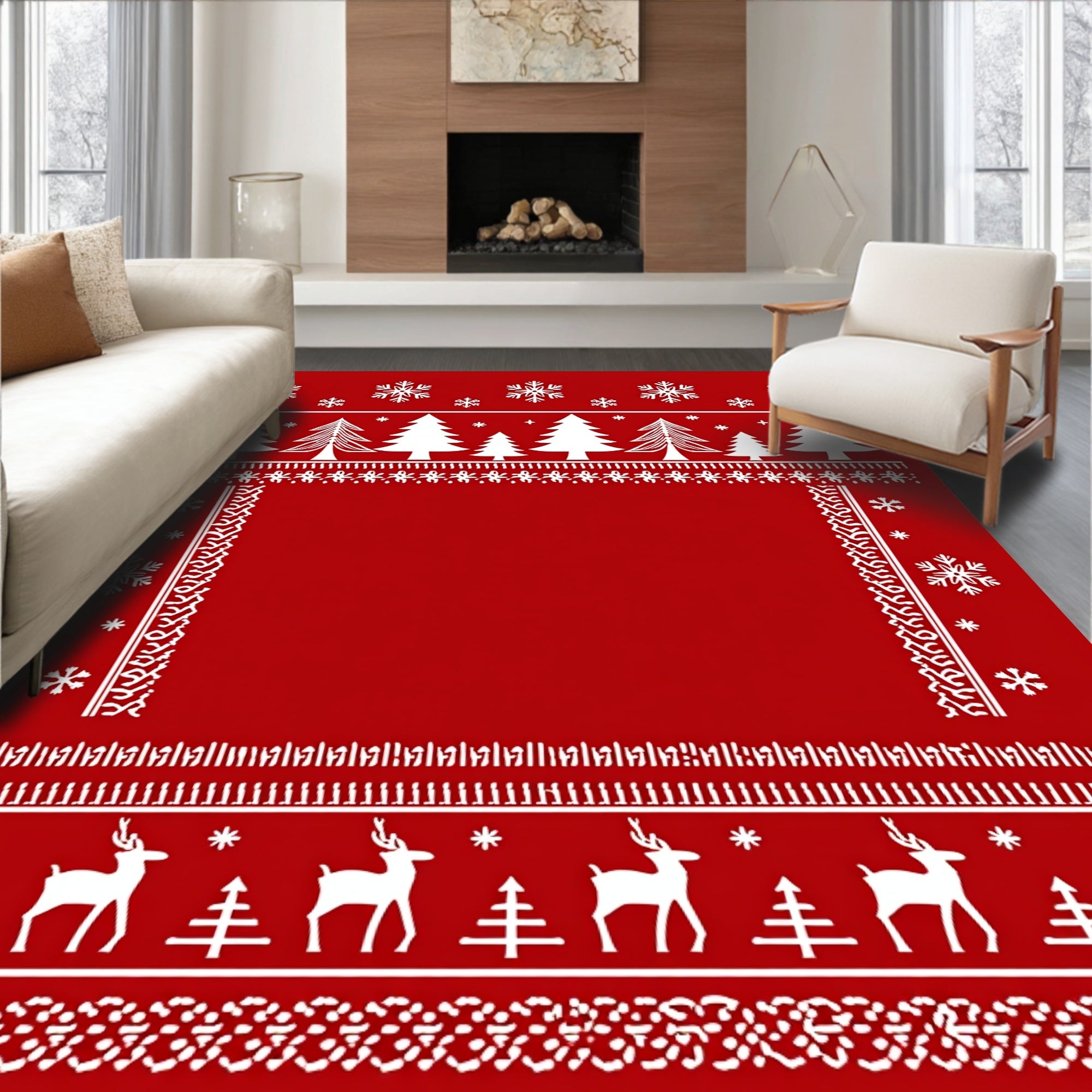 Winter Red Snowflake Tree Reindeer Rug