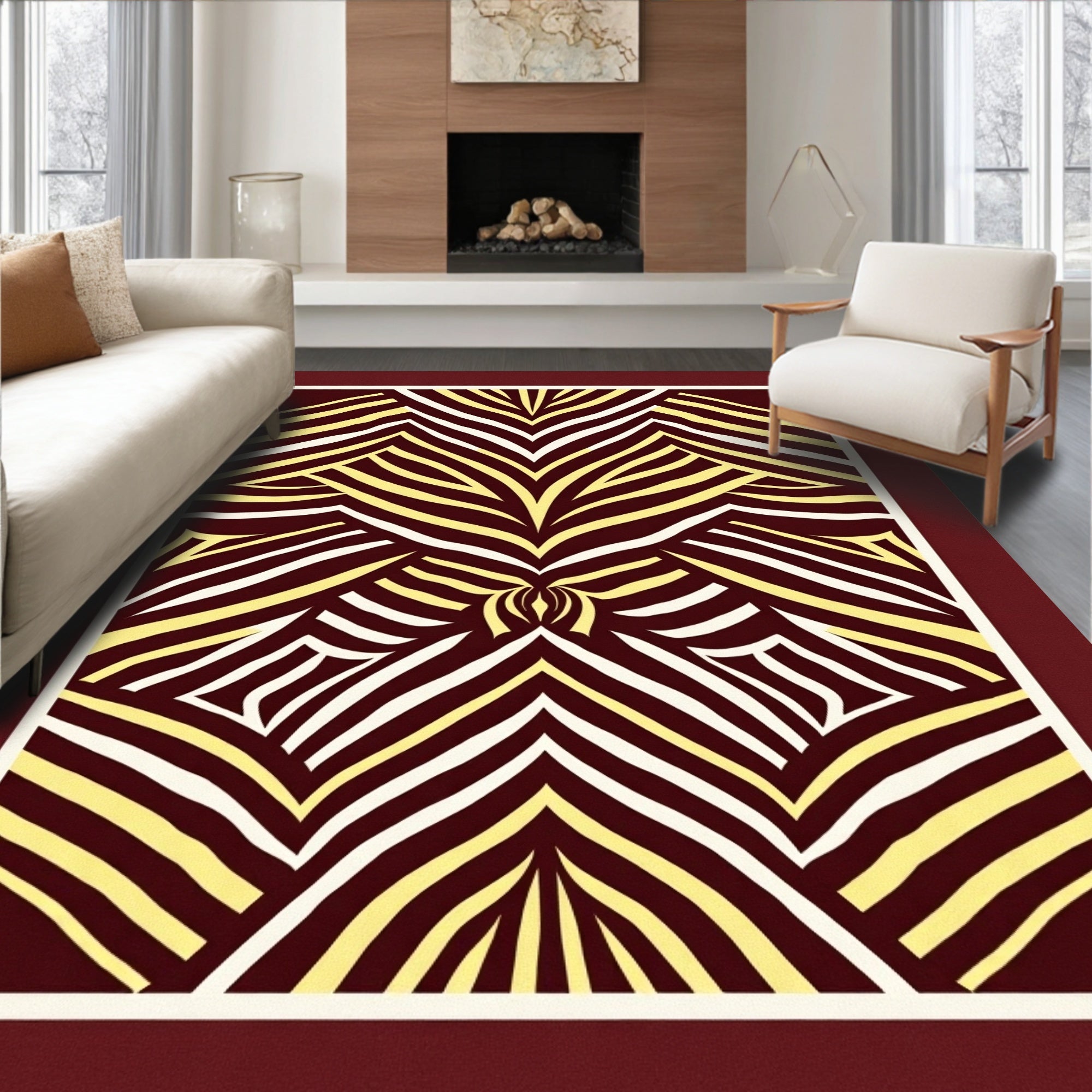 Maroon Cream Abstract Zebra Stripes Rug