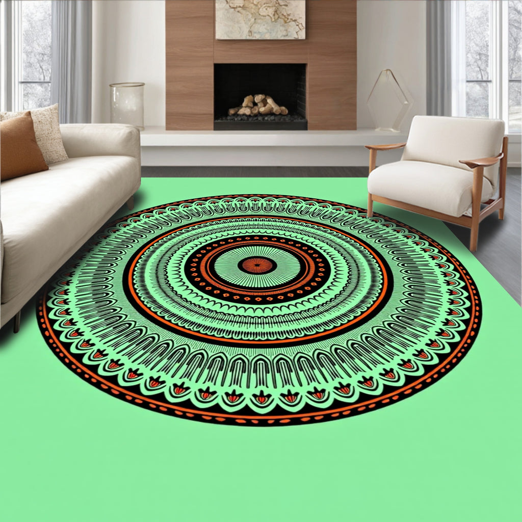 Emerald Orange Concentric Mandala Aura Rug