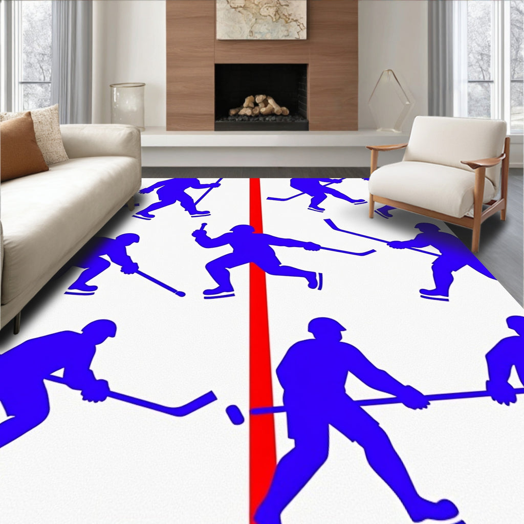 Blue Hockey Player Red Stripe Repeat Rug