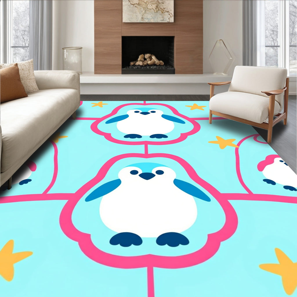 Whimsical Blue Penguin Star Rug