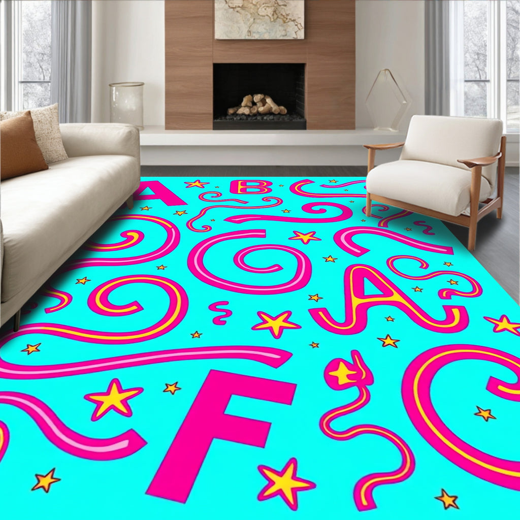 Pink Yellow Alphabet Stars Aqua Background Rug