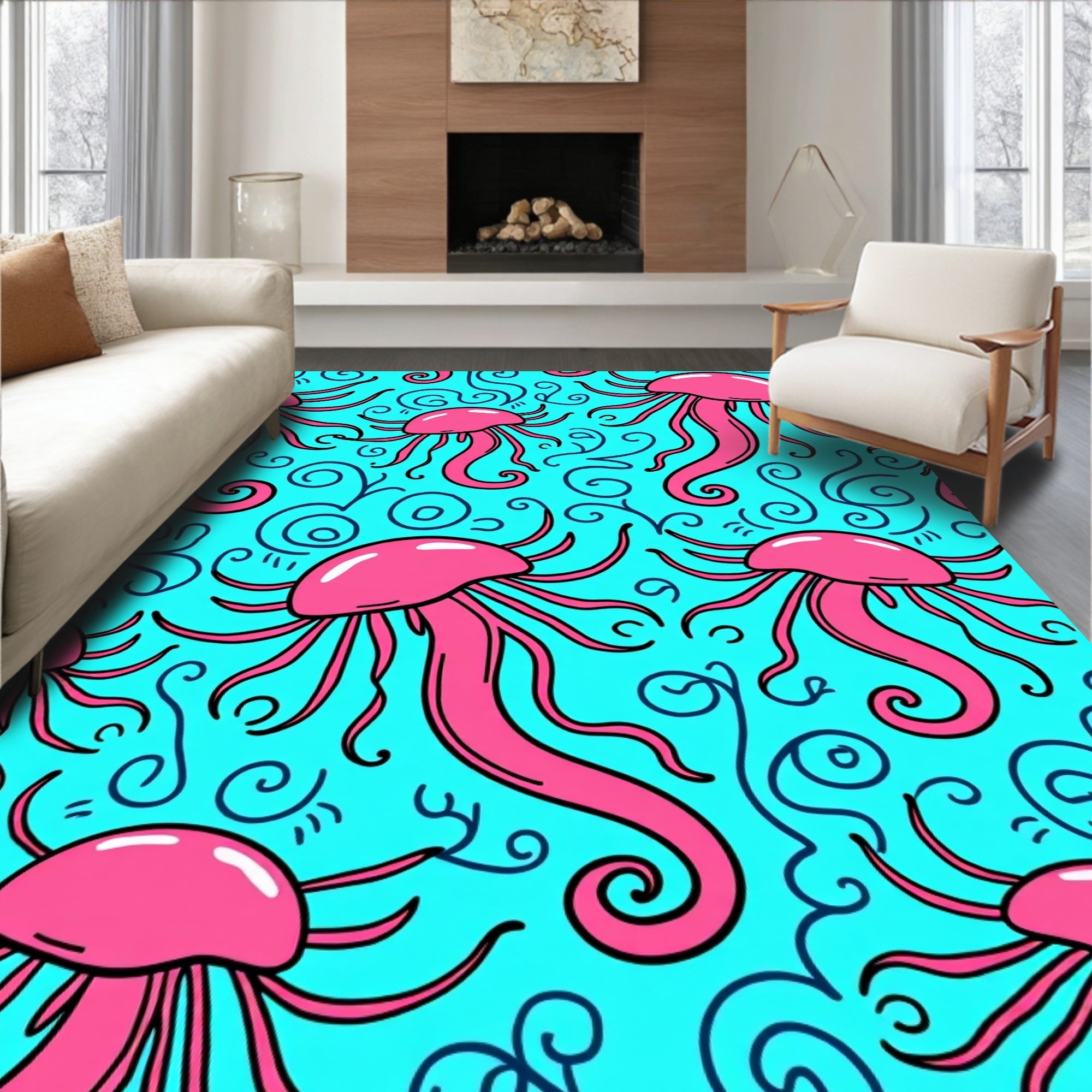 Bright Pink Jellyfish Aqua Swirls Rug