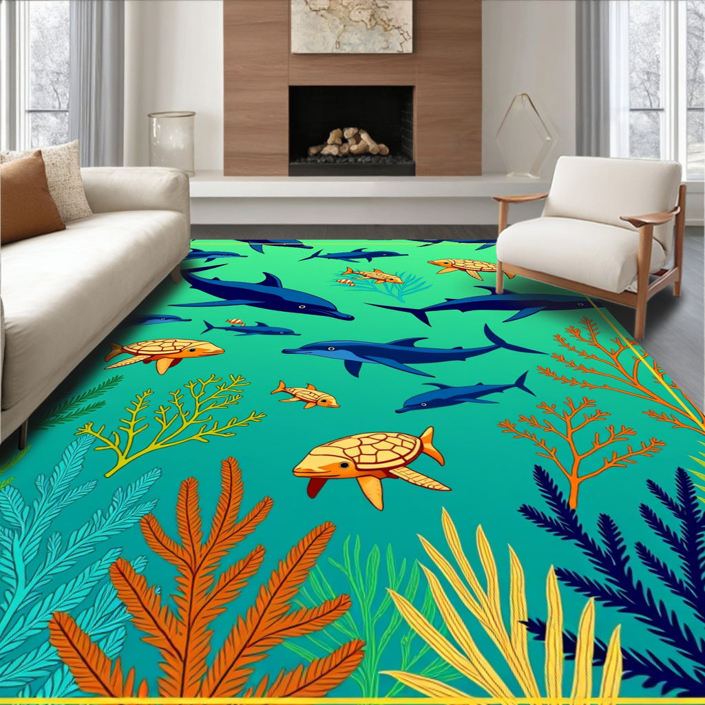 Ocean Life Dolphins Turtles Fish Coral Rug
