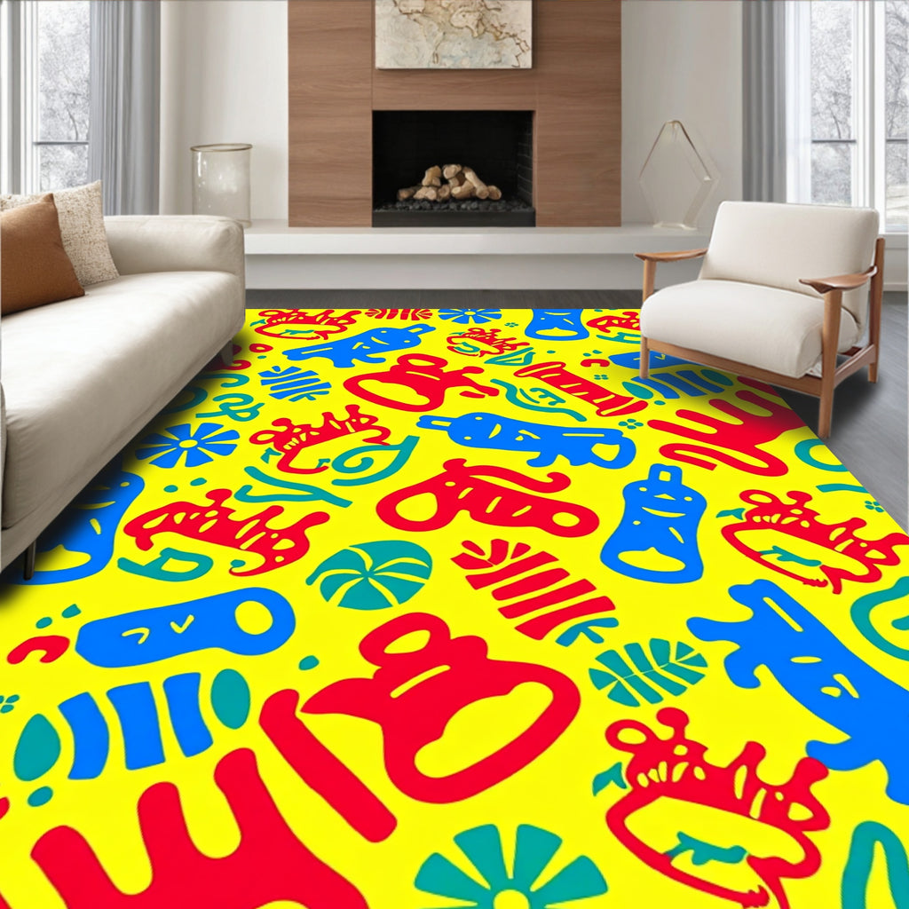 Bright Yellow Playful Cartoon Objects Rug