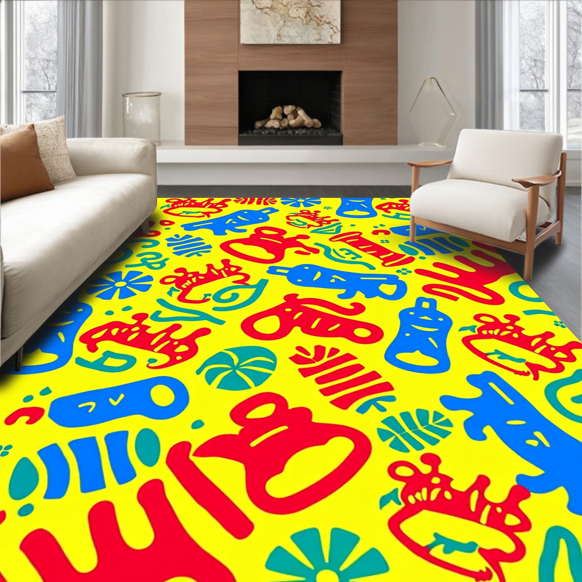 Bright Yellow Playful Cartoon Objects Rug