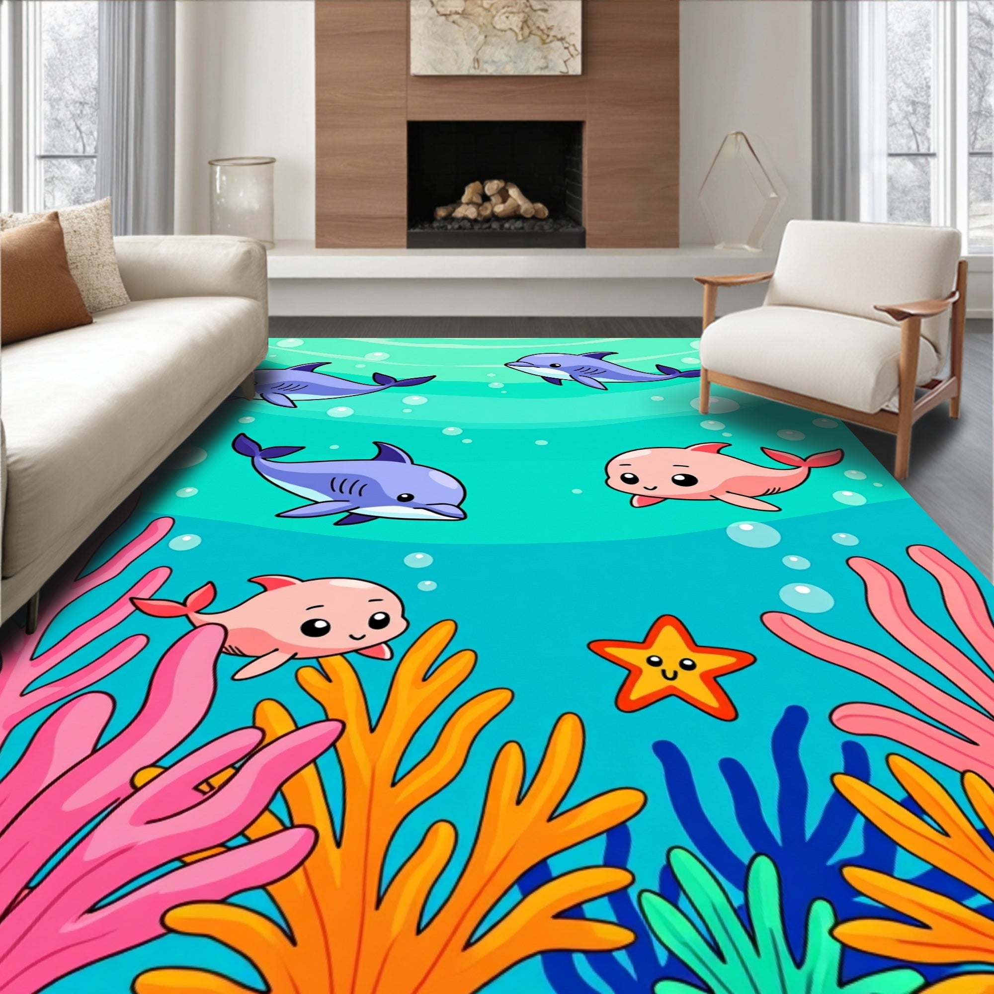 Cute Dolphin Undersea Coral Scene Rug