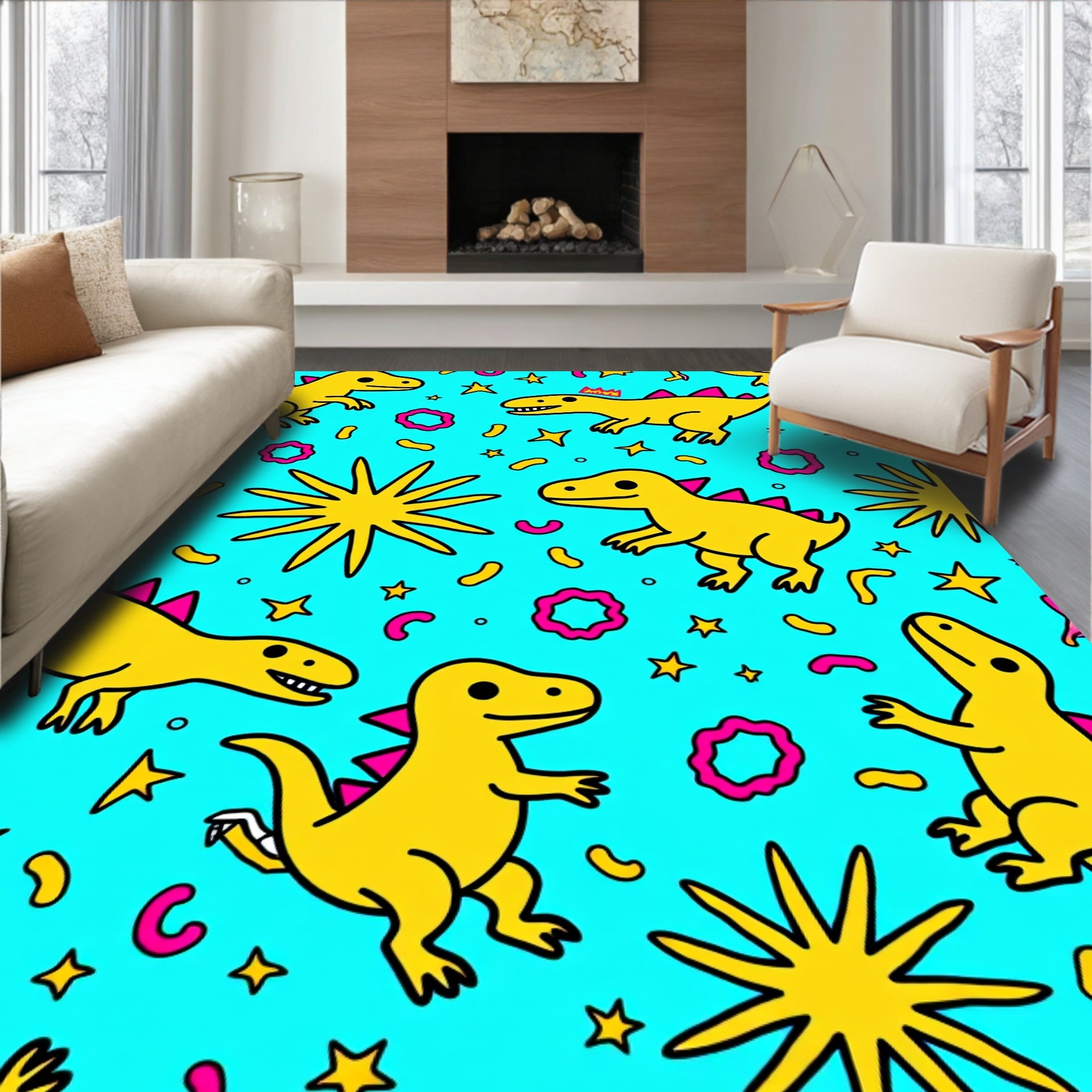 Playful Yellow Dinosaurs Whimsical Stars Rug