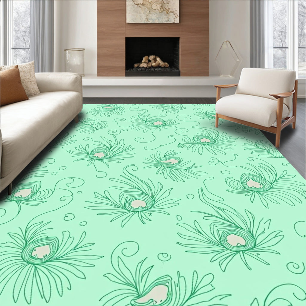 Mint Green Feather Swirl Art Rug