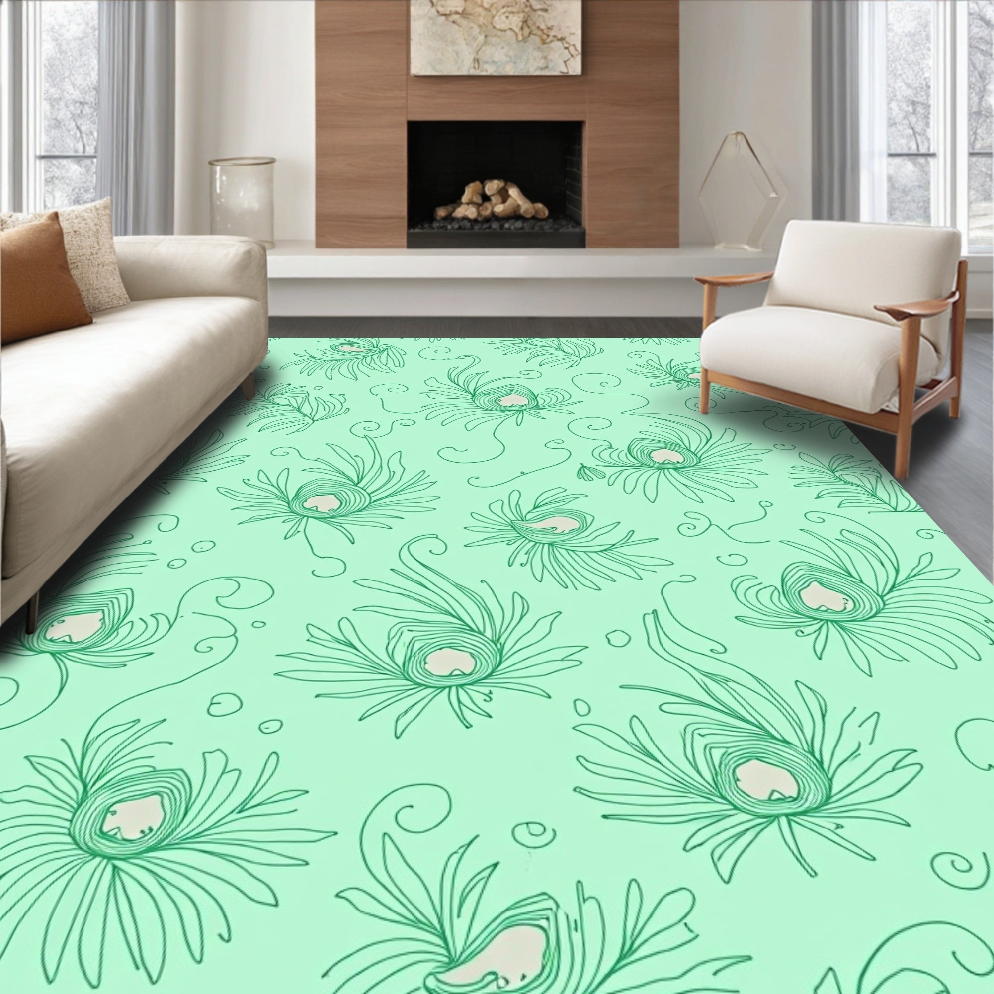 Mint Green Feather Swirl Art Rug