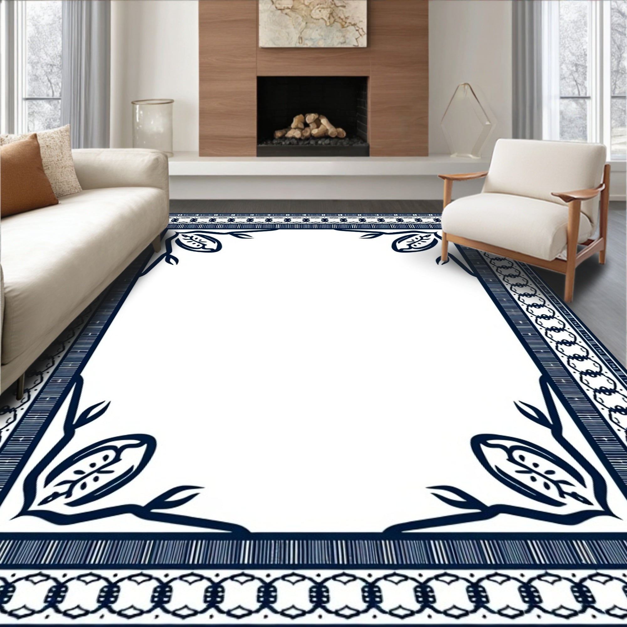 Navy Blue Classic Floral Border Rug