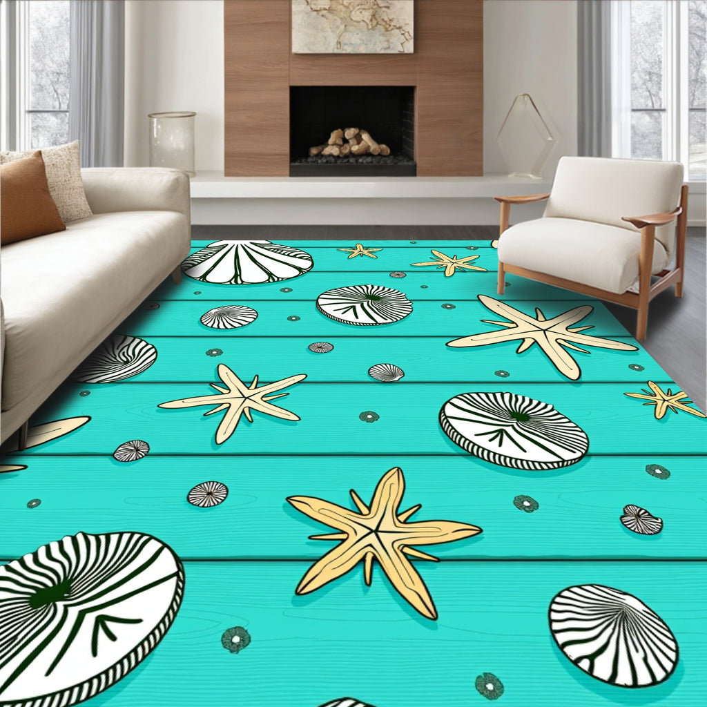 Oceanic Teal Starfish Seashell Collection Rug