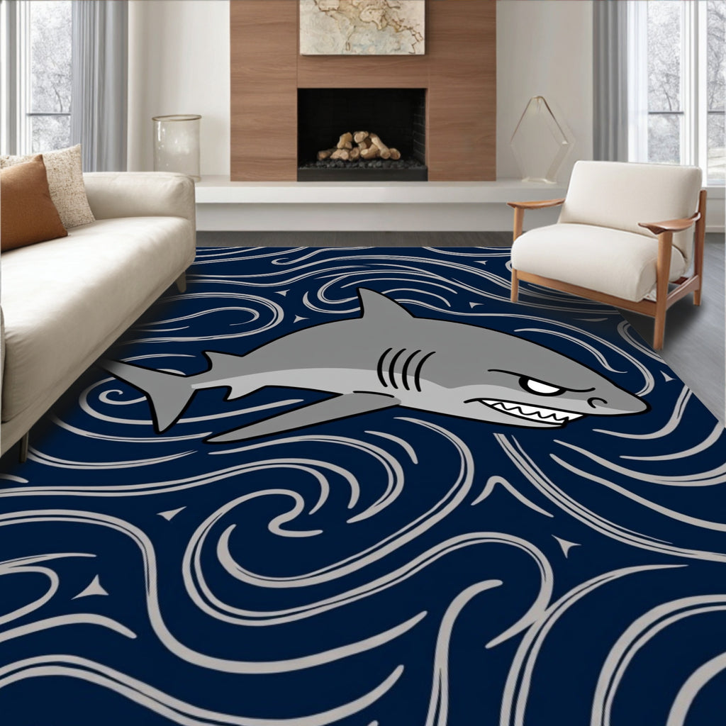Fierce Gray Shark Ocean Swirls Rug