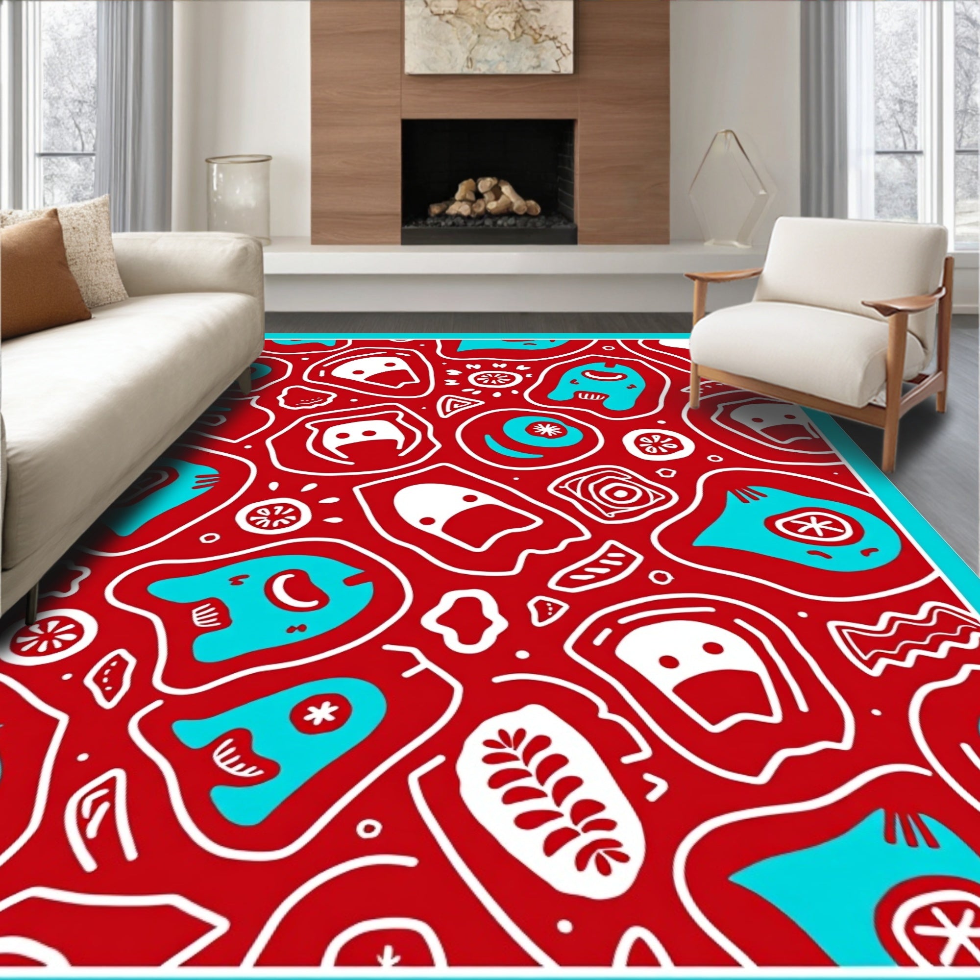 Playful Red Abstract Faces Rug