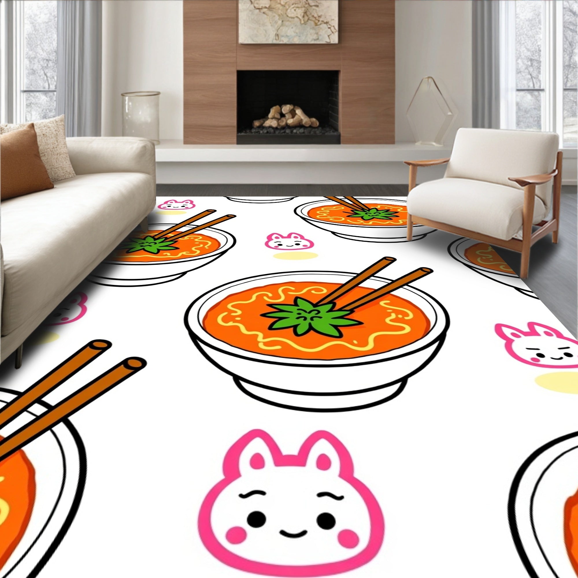 Kawaii Orange Noodle Soup Bunny Collage Rug