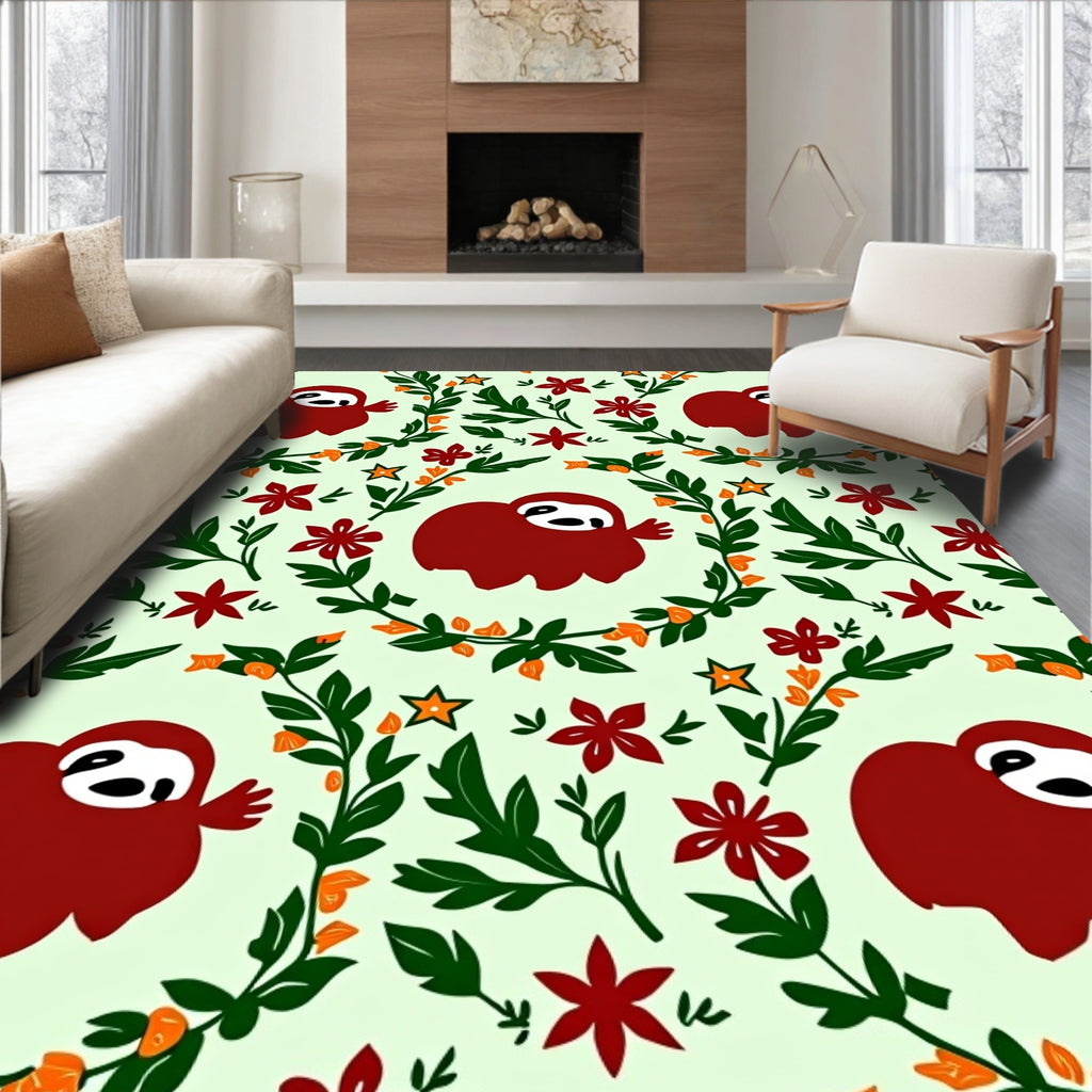 Whimsical Red Sloth Garden Floral Rug