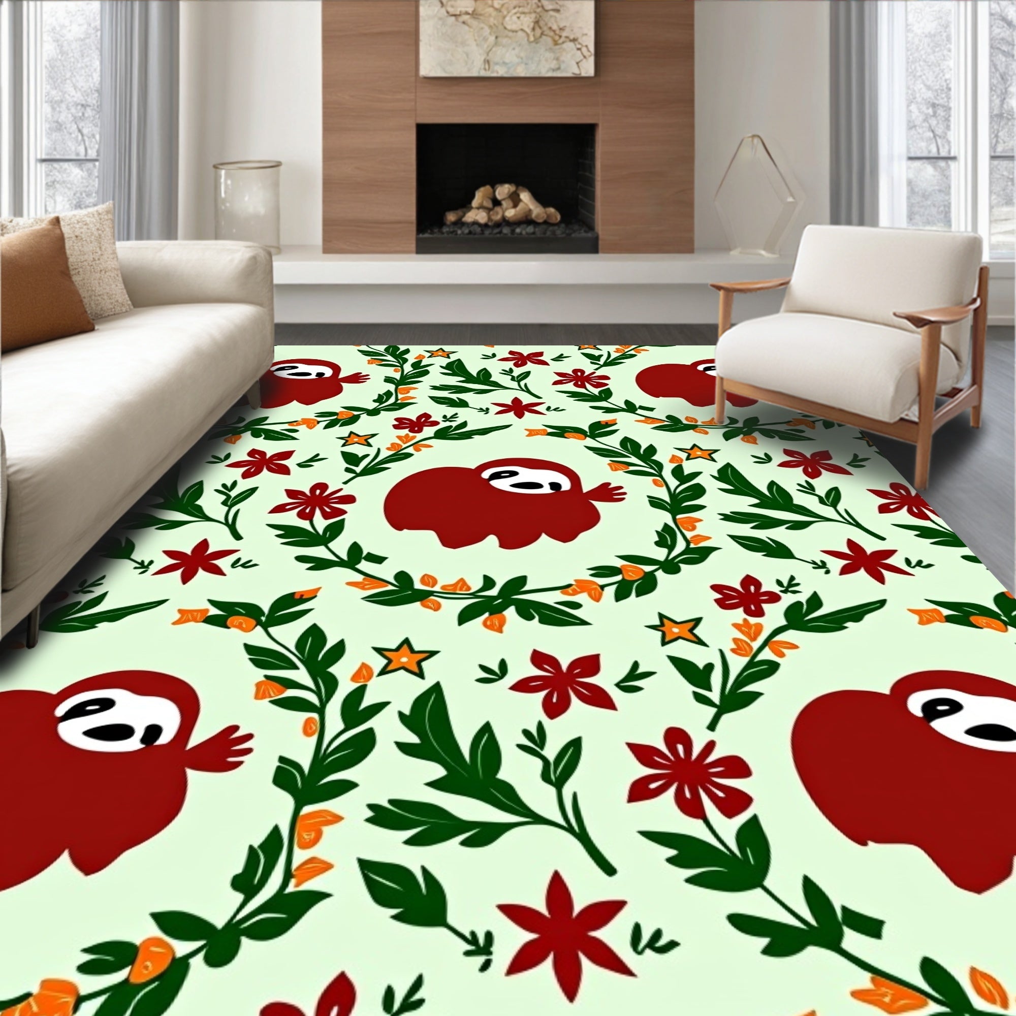 Whimsical Red Sloth Garden Floral Rug