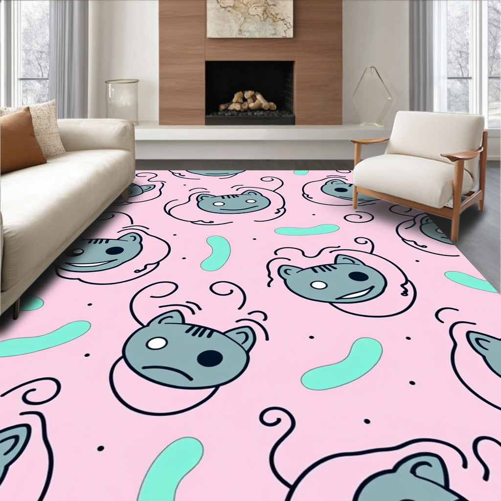 Pink Grinning Cat Faces Swirl Rug