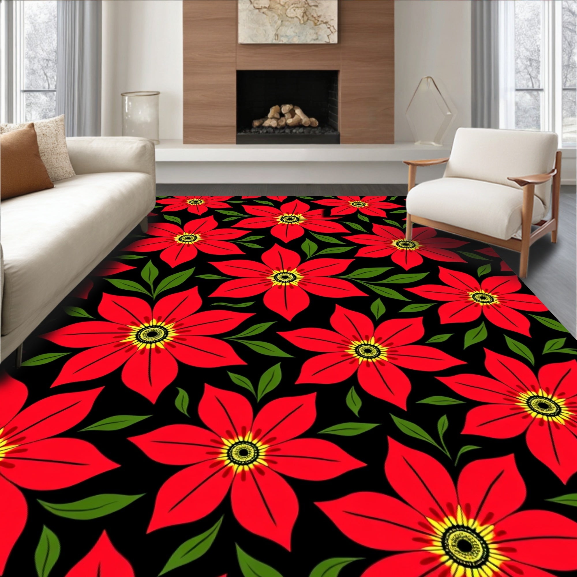 Vibrant Red Flower Leafy Black Rug