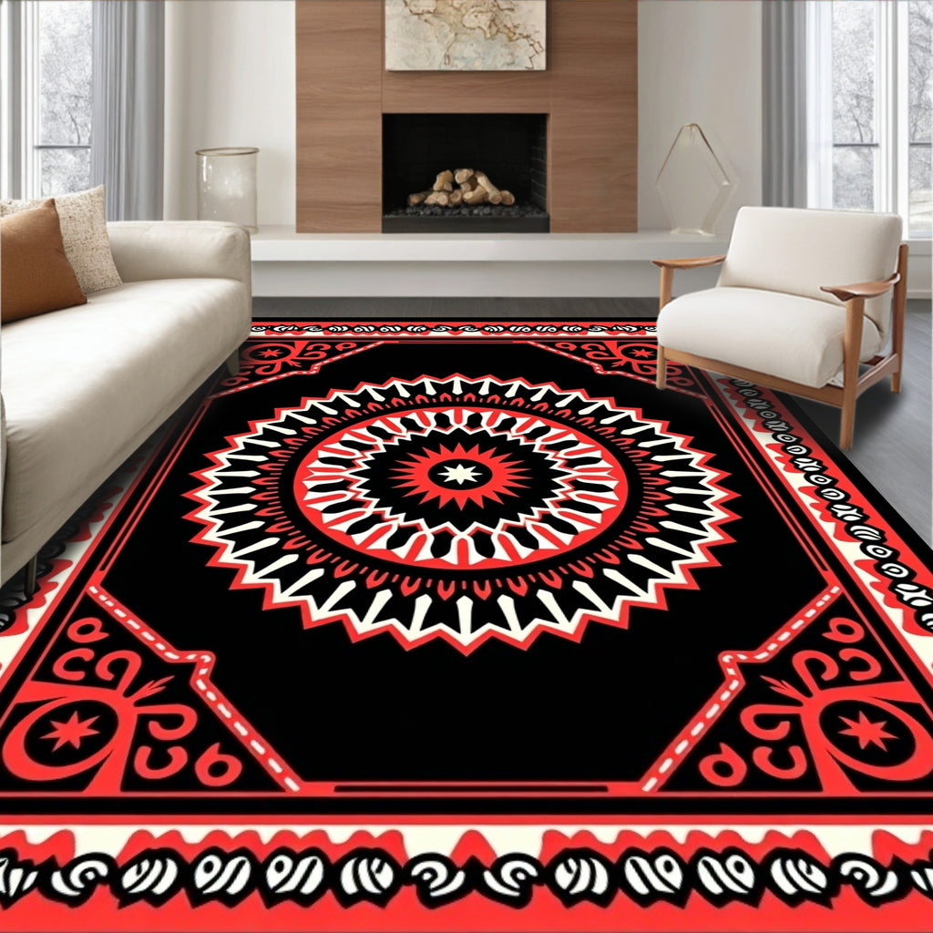 Bold Red Black Starburst Mandala Rug