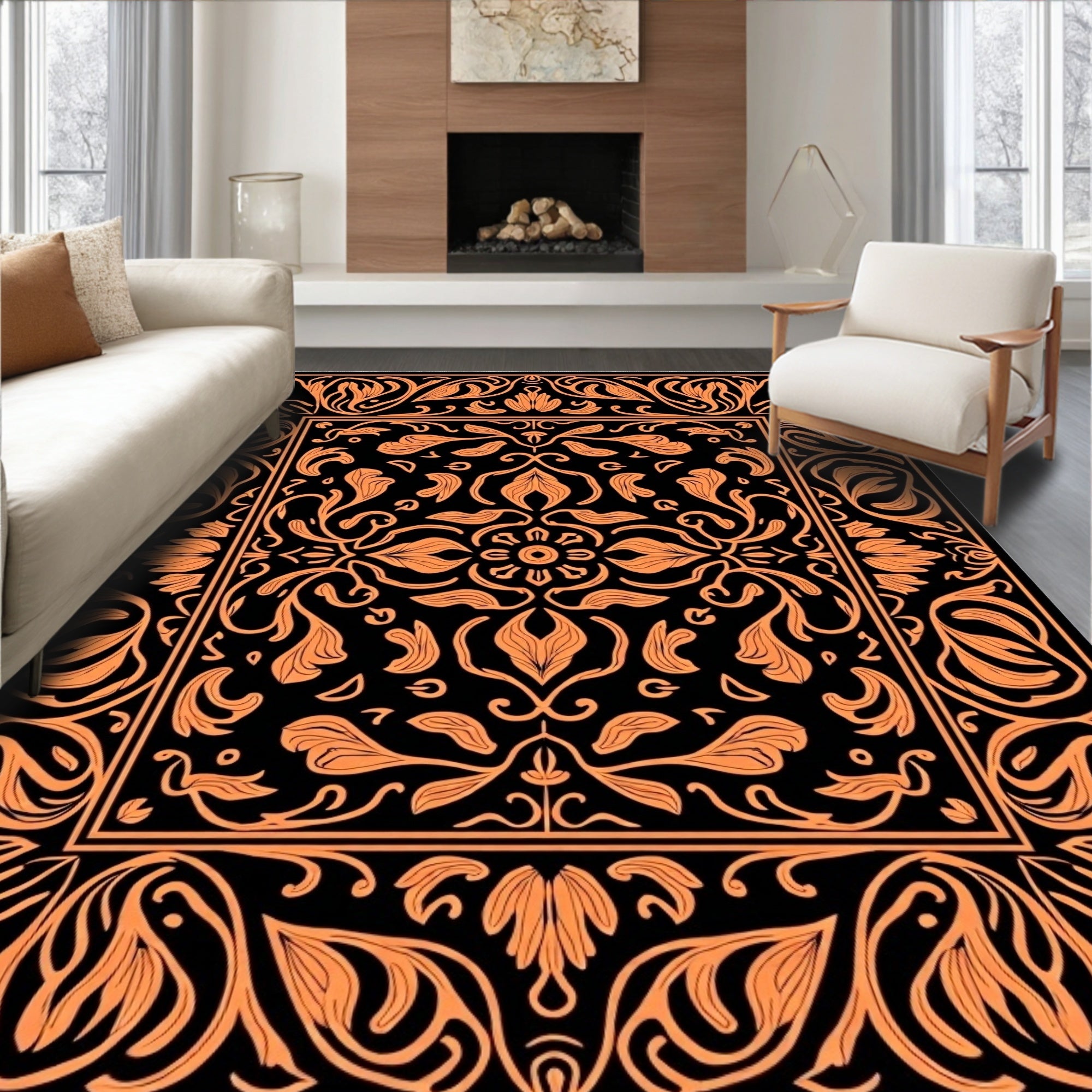 Orange Floral Medallion Black Rug
