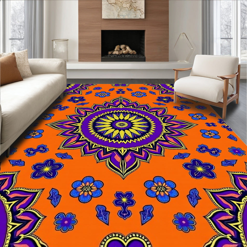 Vibrant Orange Floral Mandala Rug