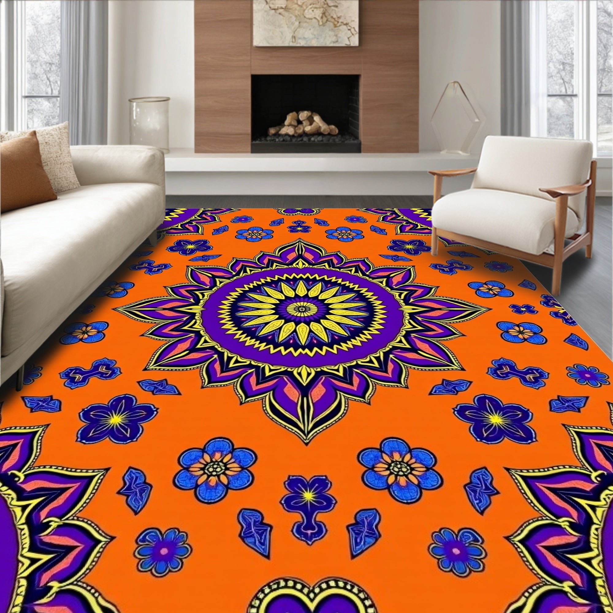 Vibrant Orange Floral Mandala Rug