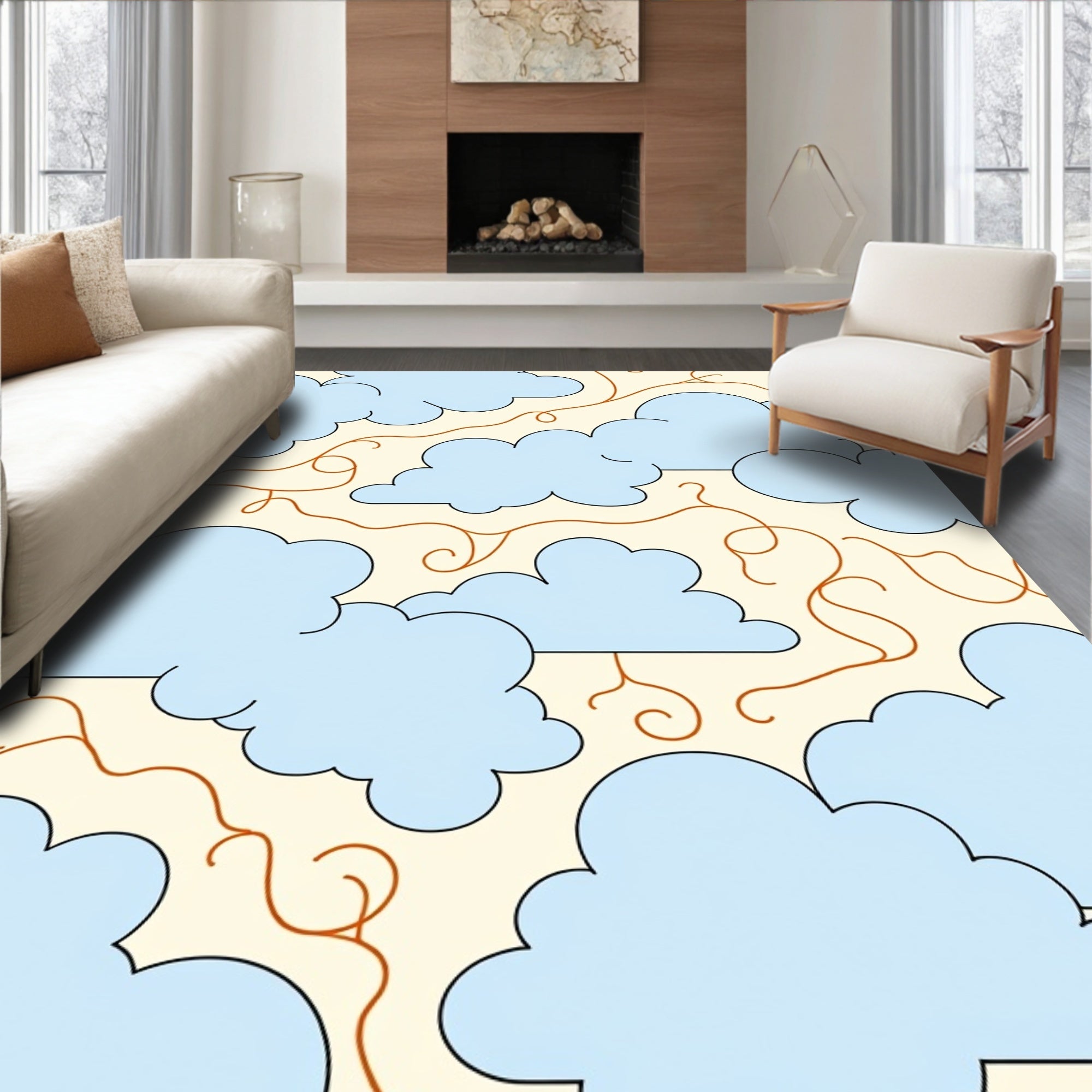 Sky Blue Cloud Swirl Cream Rug