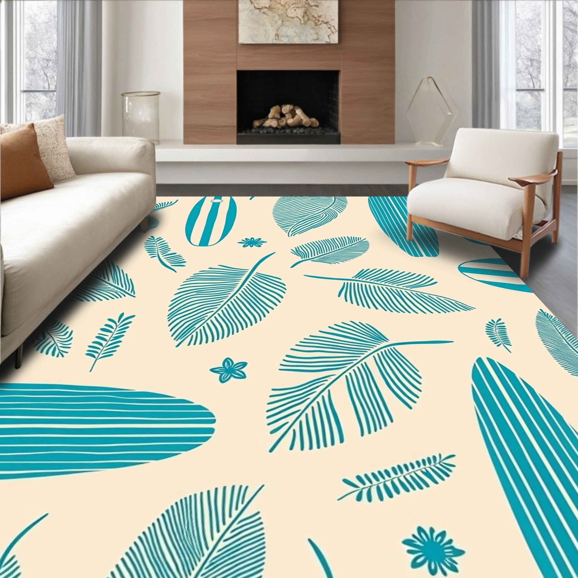 Teal Surfboard Palm Leaf Tropical Rug