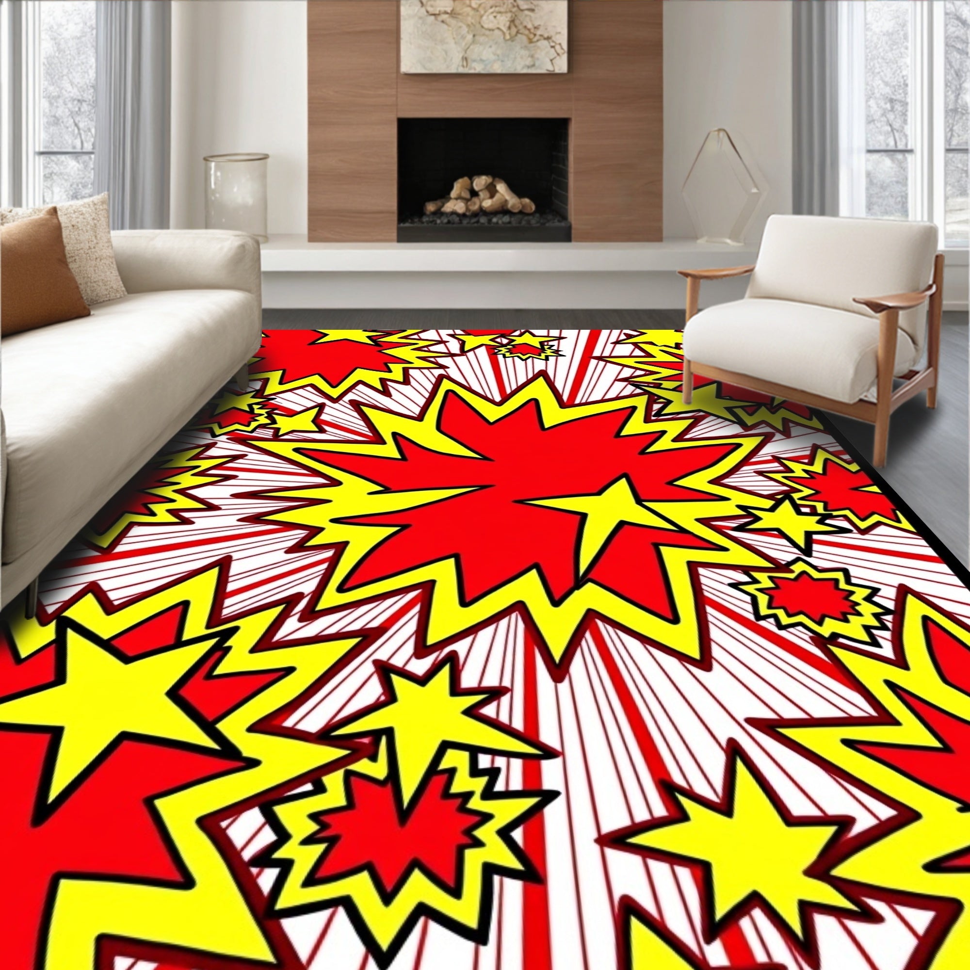 Explosive Red Yellow Starburst Rug