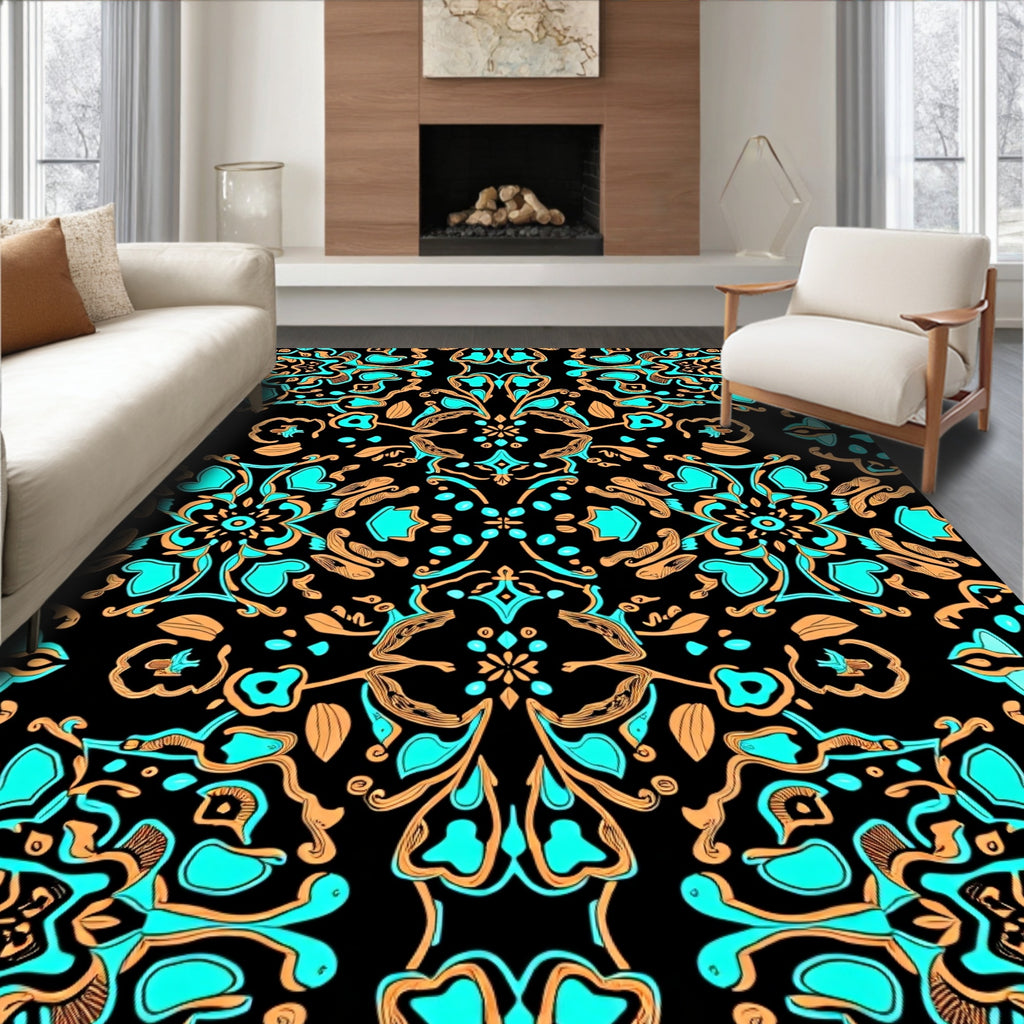 Turquoise And Gold Ornate Floral Rug