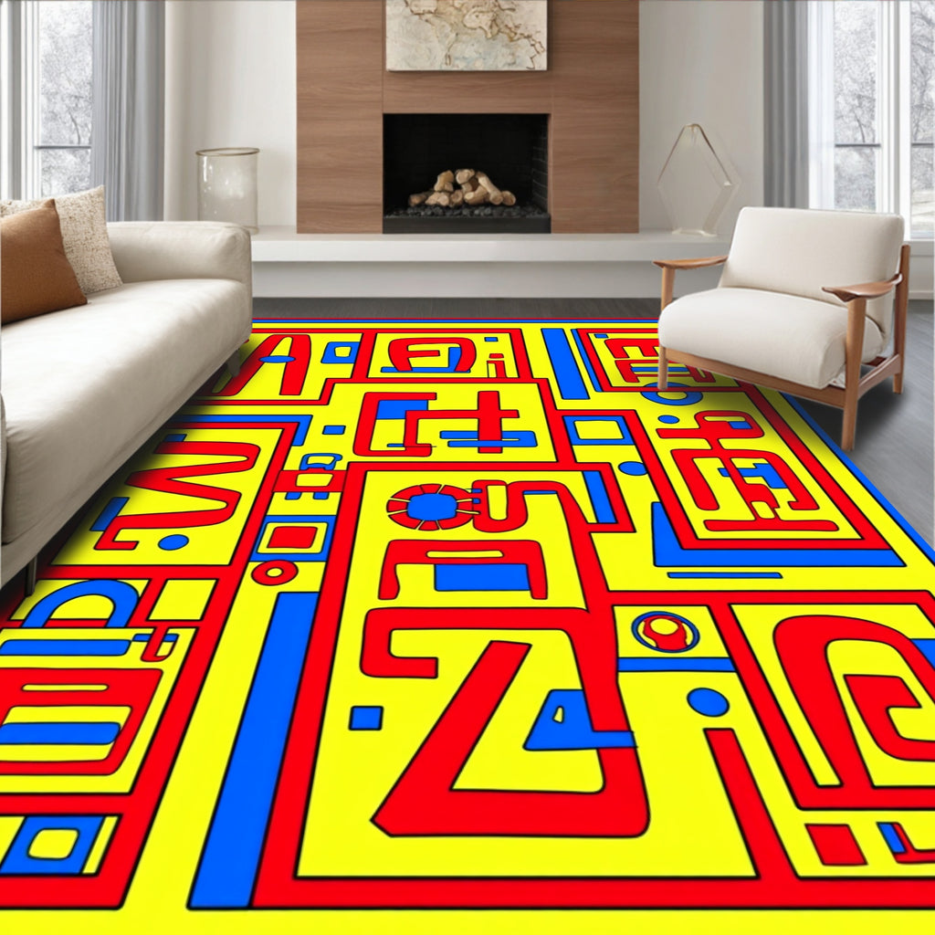 Bold Yellow Red Blue Geometric Maze Rug