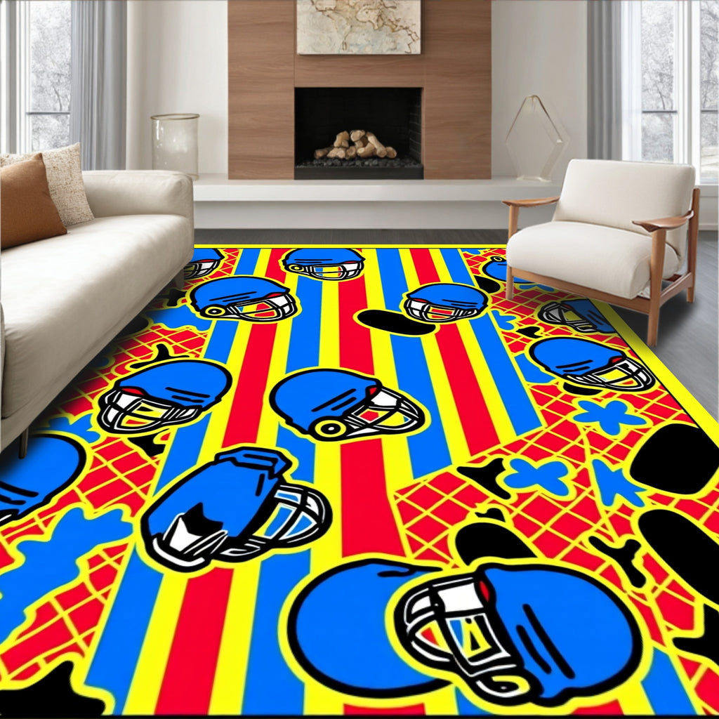 Bold Blue Football Helmets Yellow Stripes Rug