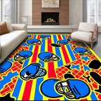 Bold Blue Football Helmets Yellow Stripes Rug