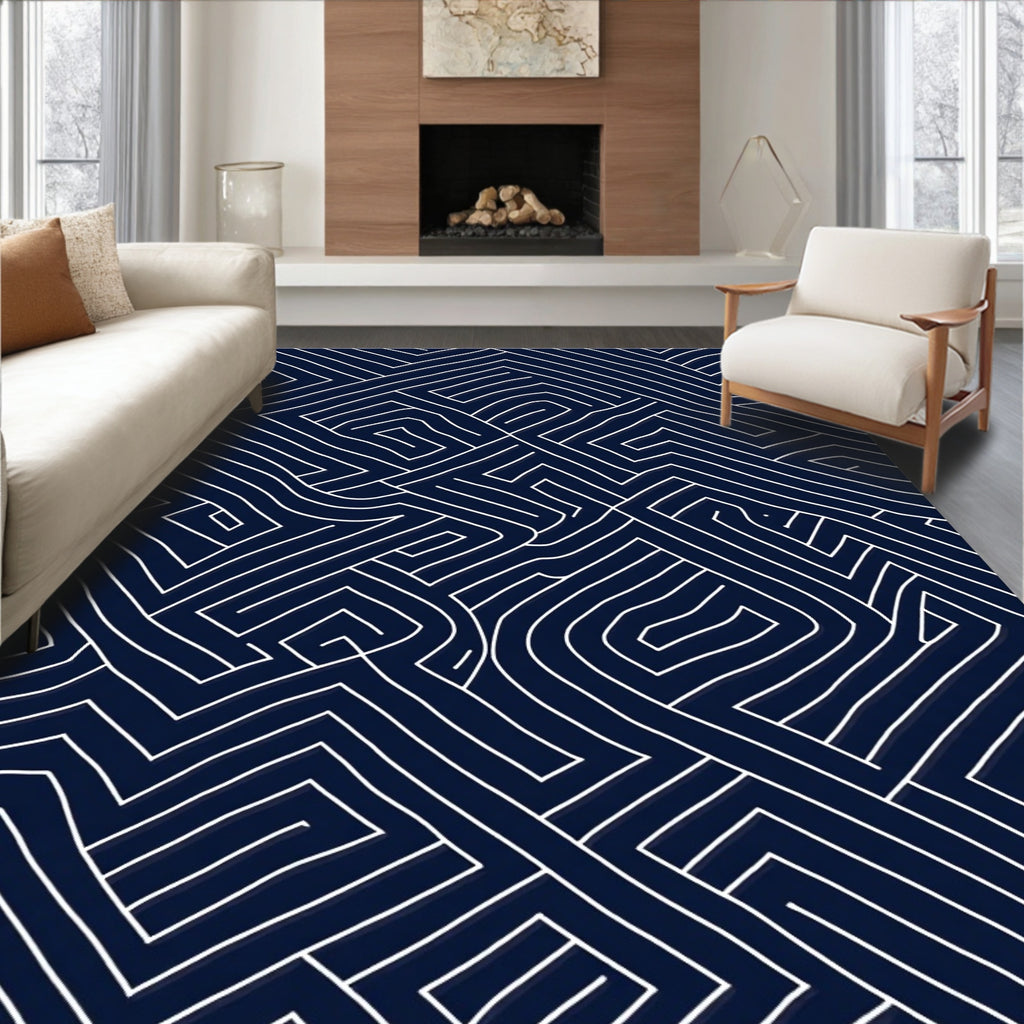 Dark Blue White Linear Topography Rug
