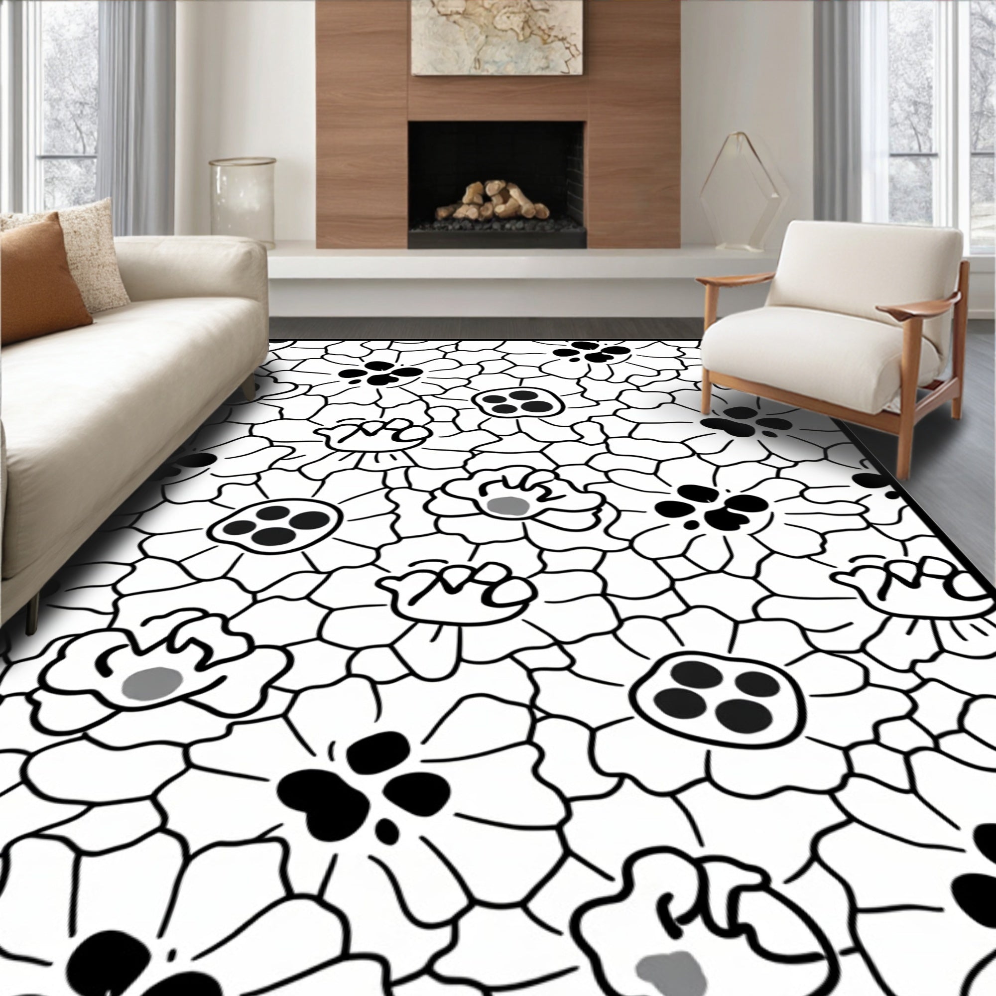 Whimsical Black White Floral Field Rug