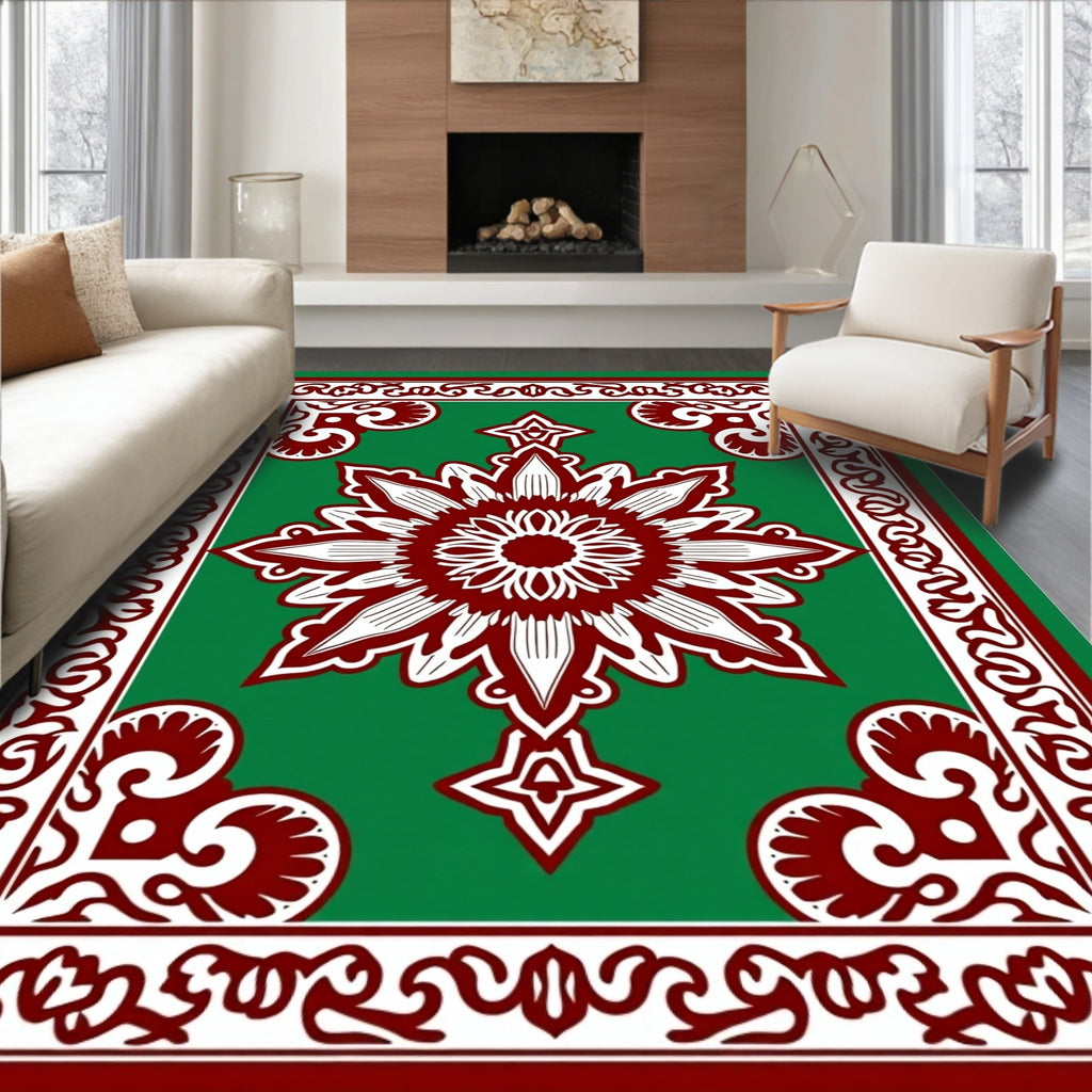 Crimson White Floral Border Green Rug