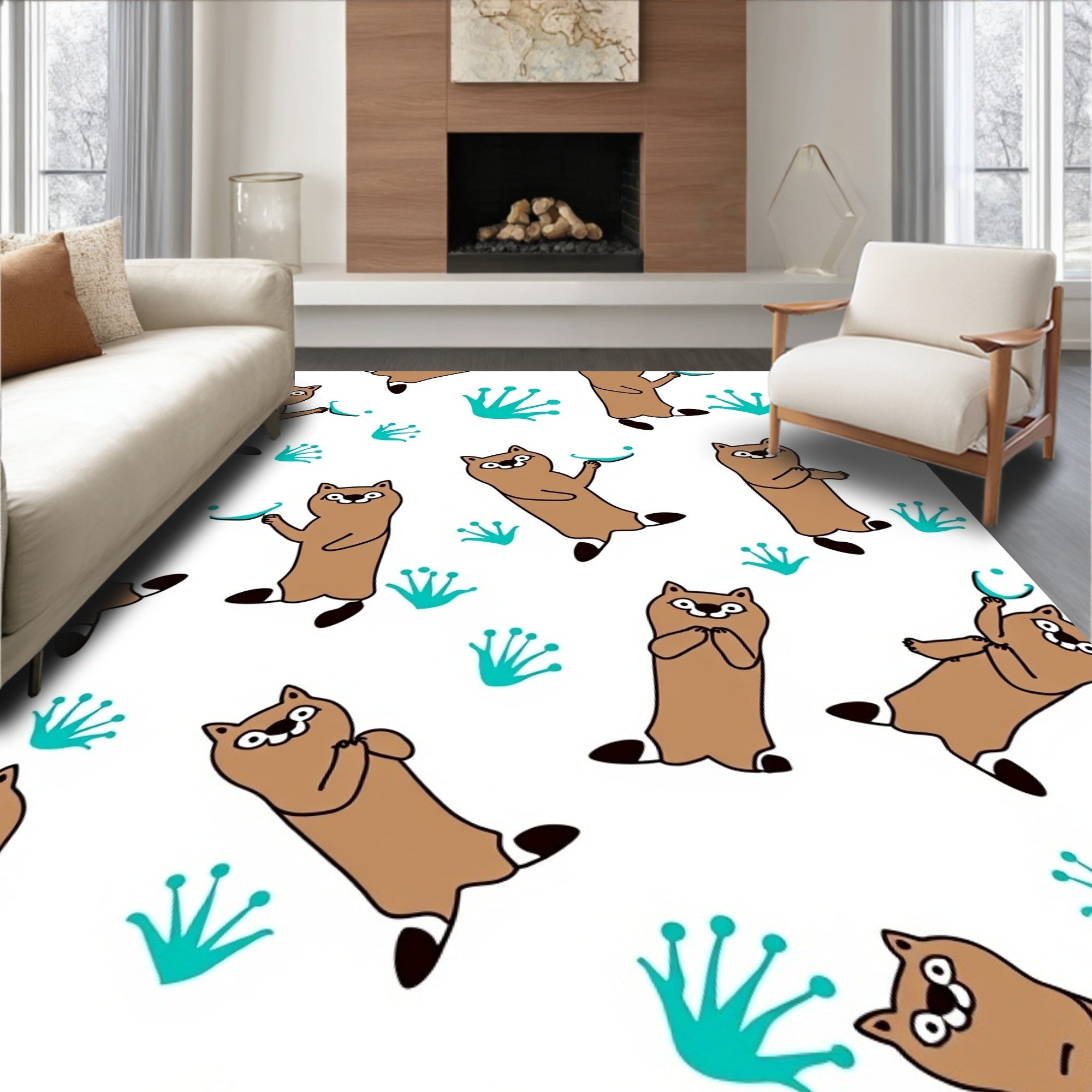 Whimsical Brown Raccoon Turquoise Sprout Rug