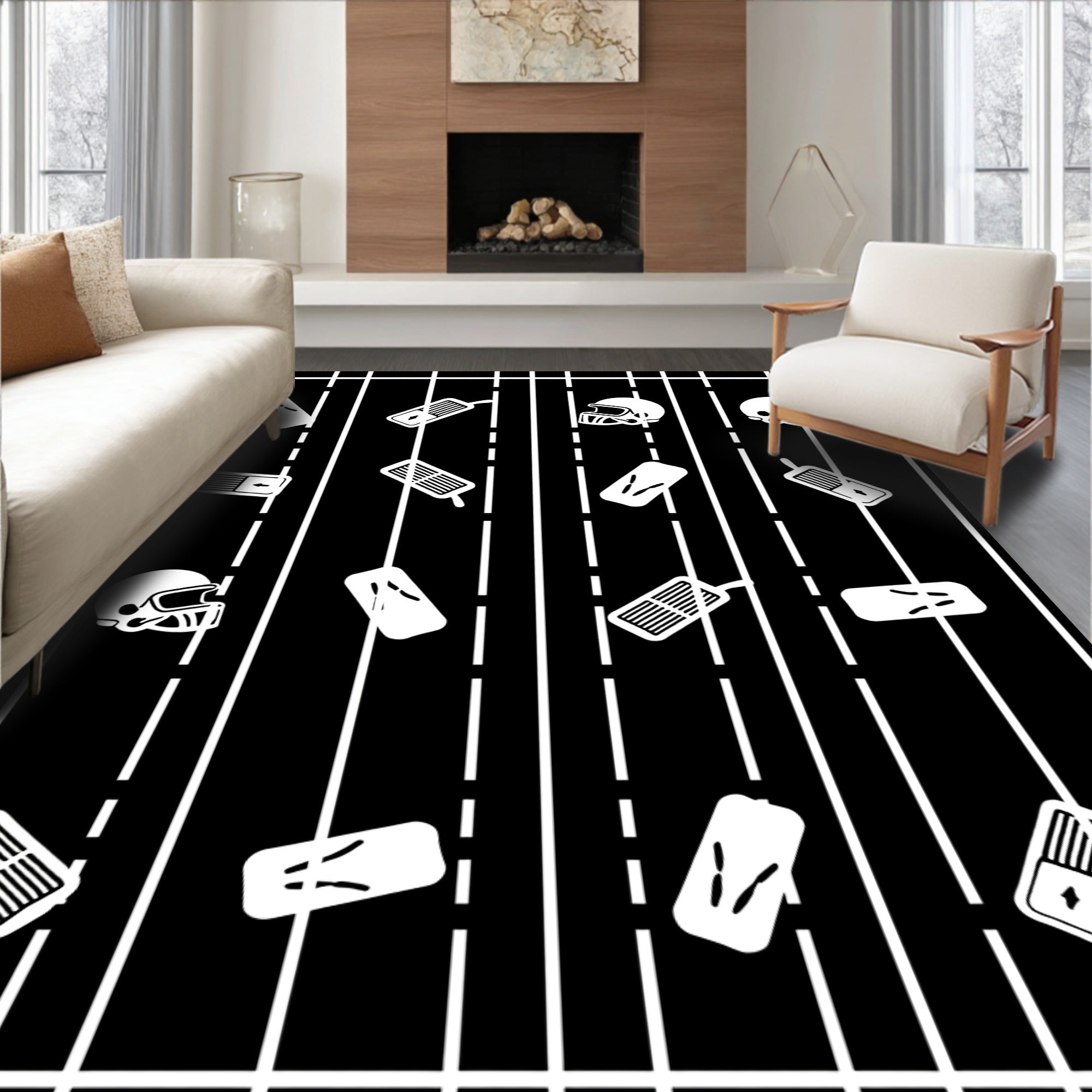 Football Field White Icons Rug