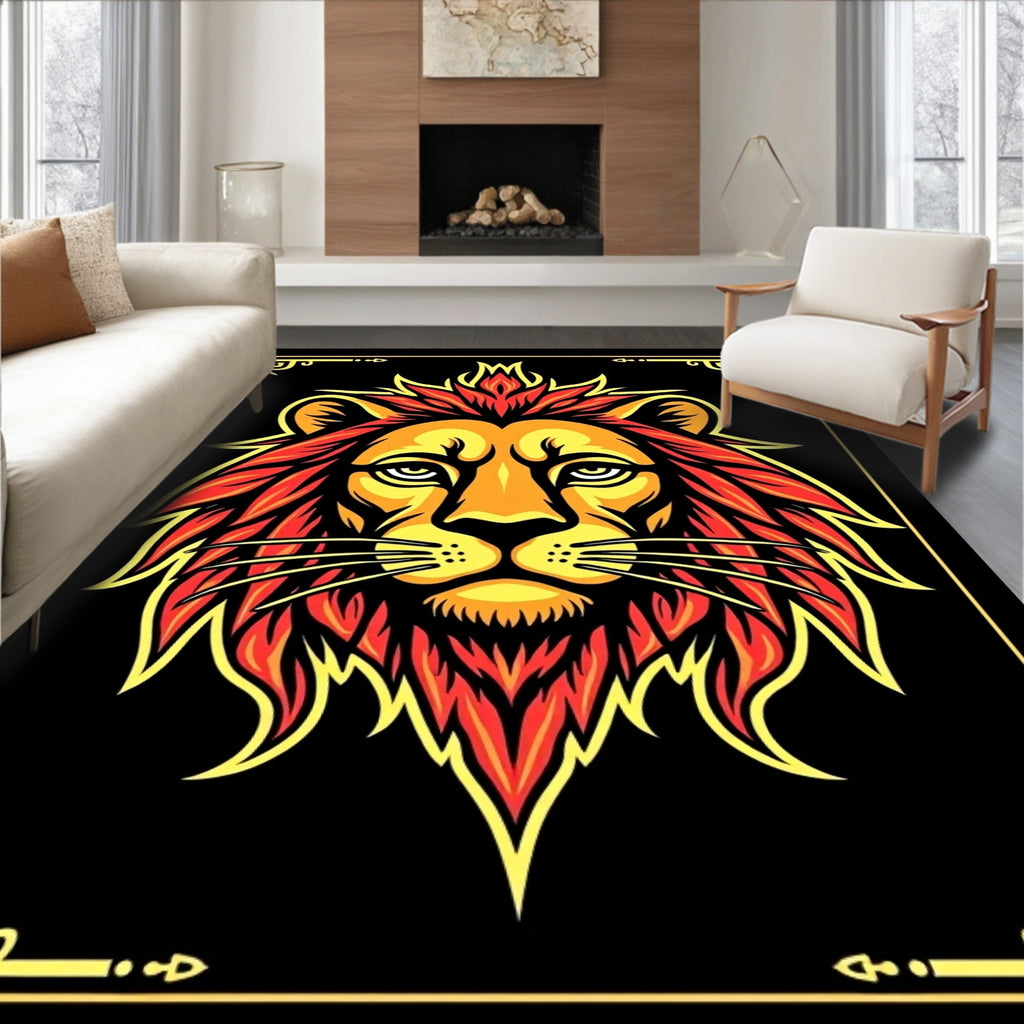 Fiery Lion Head Black Gold Frame Rug